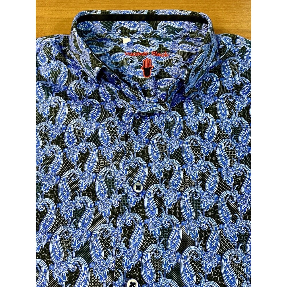 Luchiano Visconti Black Shirt Men's M Blue Paisley Long Sleeve Button Down
